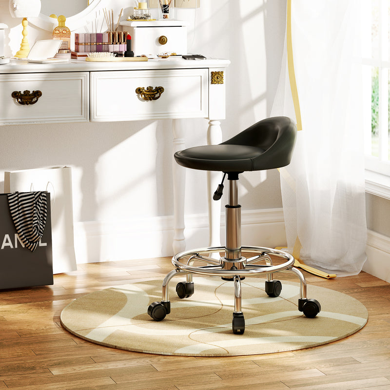 PU Leather Rolling Stool, Height Adjustable Swivel Salon Chair with Backrest and Foot Rest for Spa, Tattoo, Black