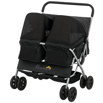 Double Pet Stroller, Foldable Dog Stroller with 2-Seater Carrier, Sunshade, Removable Pad, Safety Belt, Storage Basket