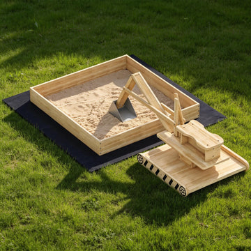 Qaba Wooden Sandbox with Digger, Kids Sandbox with 360° Rotating Seat & Bottom Liner, 72