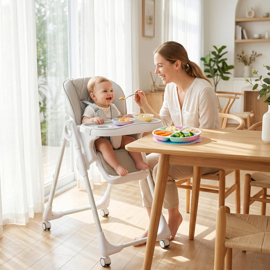 High Chair with Wheels, Double Tray, Foldable Baby Seat with Adjustable Seat Height, Backrest, Footrest and Tray, Grey