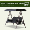 Outdoor Patio 3-Person Steel Canopy Cushioned Seat Bench Swing with Included Side Trays & Padded Comfort, Black