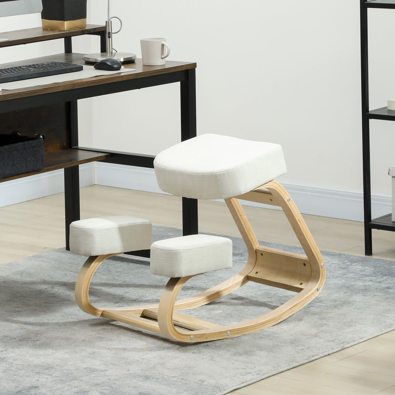 Ergonomic Kneeling Chair, Wood Kneel Stool with Thick Pads, Desk Knee Chair, Improve Posture, Cream White