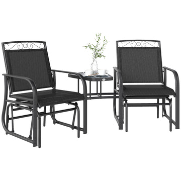 Outdoor Glider Bench with Coffee Table, Patio 2-Seat Rocking Chair Swing Loveseat with Breathable Sling for Backyard Garden Porch, Black