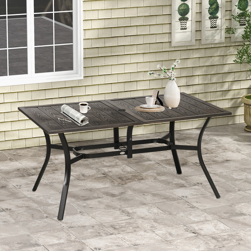 Steel Frame 59 Inch Outdoor Dining Table for Six with Parasol Hole, Wood Grain Tabletop, for Backyard, Garden, Brown