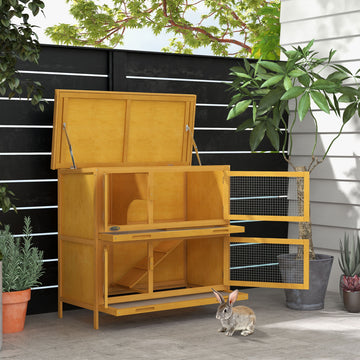 Wood Rabbit Hutch with 2 Large Main House, Ramp, Trays, Yellow