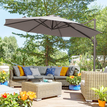 10ft Cantilever Patio Umbrella with 360° Rotation, Crank & Cross Base for Garden Deck Pool Backyard, Grey