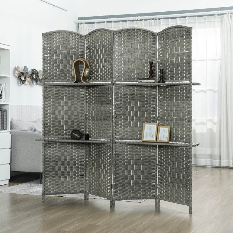 6 FT Privacy Screen, 4 Panel Room Divider with Shelves for Living Room Bedroom Home Office, Grey