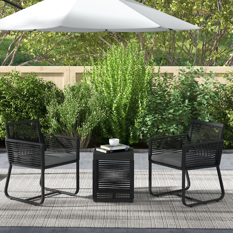 3 Pieces Patio Furniture Outdoor PE Rattan Bistro Set w/ Seat Cushions Tempered Glass Table for Garden Backyard, Black