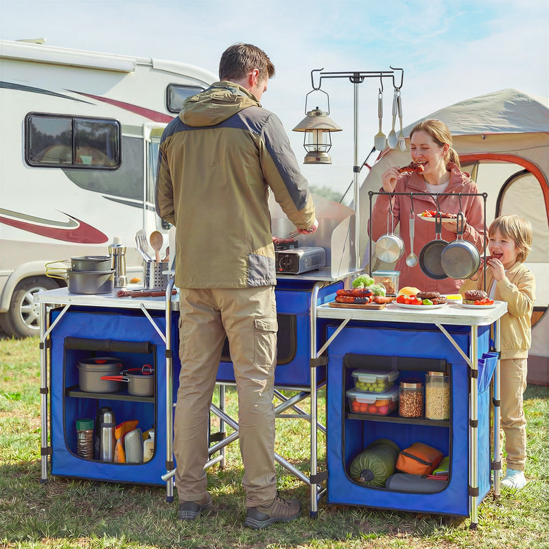 Aluminum Camping Kitchen, Portable Folding Camping Table with Fabric Cupboards, Windshield, Bag for BBQ, Picnic, Blue