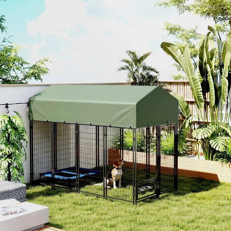 8' x 4' x 6' Outdoor Dog Kennel, Dog Kennel Outside Run with 360° Rotating Bowls, Waterproof & UV Resistant Cover, Green