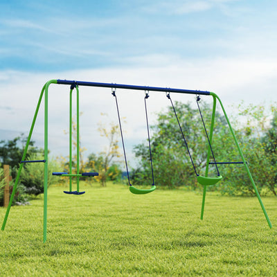 3 in 1 Metal Swing Set with Double Swings, Glider for Backyard, Outdoor, Playgroundt, Green