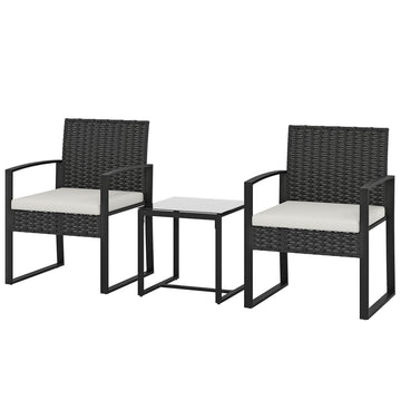 Outdoor Bistro Set, 3 Piece Wicker Patio Furniture Set with Glass Top Table and Cushions for Porch, Balcony, Cream White