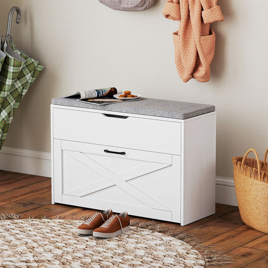 Shoe Storage Bench with Flip Drawer and Lift Top Storage, Entryway Bench with Seat Cushion for Hallway, White
