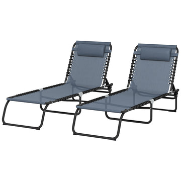 2 PCs Folding Lounge Chairs, Adjustable Chaise Lounges with Headrest, Reclining Lounger Cot for Camping, Hiking, Grey