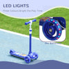 Qaba 3 Wheel Kids Scooter, Toddler Kick Scooter with Adjustable Height, Rear-Fender Brake, LED Light, TPE Handlebar, Blue