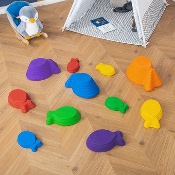 11pcs Balance Stepping Stones for Kids, Fish Style Non-slip Obstacle Course, Larger Size Stackable Balance Blocks Indoor Outdoor