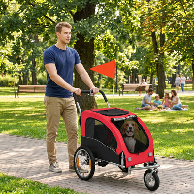 Elite II Dog Bike Trailer 2-In-1 Pet Stroller Cart Bicycle Wagon Cargo Carrier Attachment for Travel with Suspension and Storage Pockets, Red