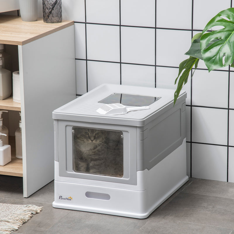 Top Entry Enclosed Kitty Litter Box with Scoop, Tray, Front Entry, Large Space, Foldable, Portable, Grey