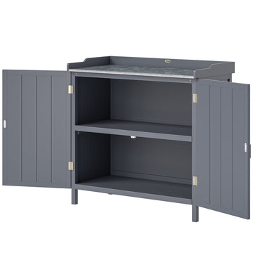 Garden Storage Cabinet, Outdoor Potting Bench Table with Galvanized Top and Shelf, Tool Shed with Double Doors, Grey