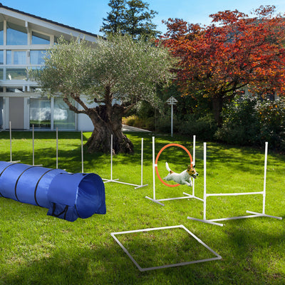 5Pcs Dog Agility Training Equipment with 8.7KG Net Weight, Pet Agility Set with Tunnels, Adjustable Jump Ring, Jumper, Weave Poles, Square Pause Box, Carrying Bag, Whistle