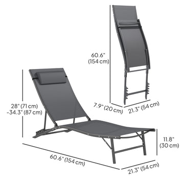 Folding Chaise Lounge Chair Set of 2, Reclining Outdoor Lounge Chair Set with Quick Drying Pad Headrest Side Pocket, Tanning Chair Set for Beach Garden Pool, Light Grey