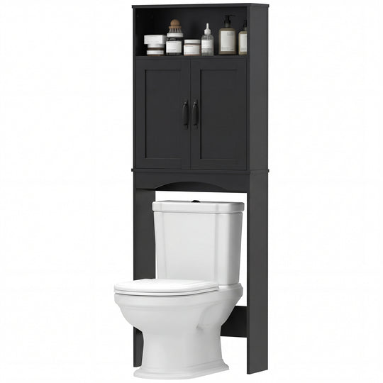 Over the Toilet Storage Cabinet Freestanding Bathroom Organizer with 2 Doors and Open Shelf Black