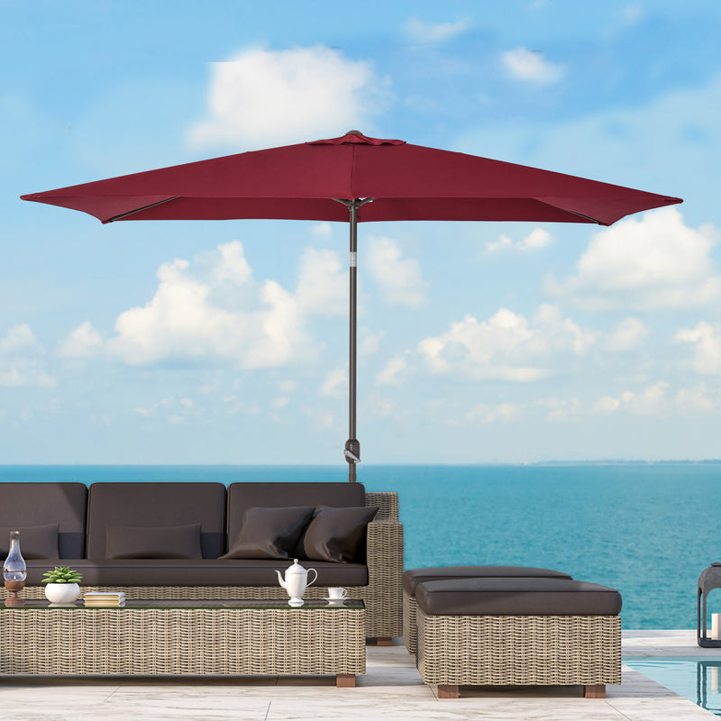 6.5x10ft Patio Umbrella, Rectangle Market Umbrella with Aluminum Frame and Crank Handle, Garden Parasol Outdoor Sunshade Canopy, Wine Red