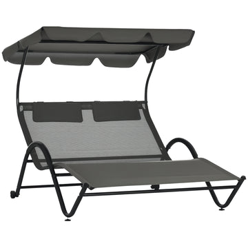 Outdoor Patio Chaise Lounge Chair, Patio Sun Lounger w/ Sunshade Roof, for Two People with Wheels and Breathable Sling Mesh Bed, Pillows, Dark Gray