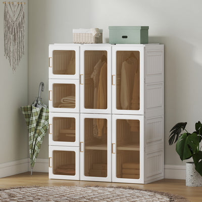Portable Wardrobe, Foldable Plastic Closet with 8 Compartments, 2 Hanging Rods and Magnetic Clear Doors