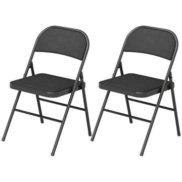 Set of 2 Metal Foldable Chairs, Linen Fabric Padded Folding Chairs with Cushion Seat and Open Back for Indoor, Black