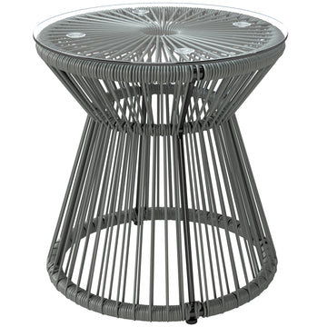 Round End Table, Rattan Side Table, Hollow Drum Design Coffee Table w/ Glass Top for Patio, Garden, Balcony, Dark Grey
