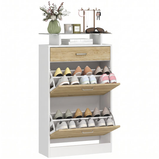 Shoe Cabinet, Slim Shoe Organizer Cabinet with 2 Flip Drawers, Adjustable Shelves, Drawer and Glass Top