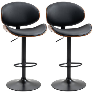 Bar Stools Set of 2, Modern PU Leather Adjustable Swivel Barstools with Curved Back, Footrest and Steel Base, Black