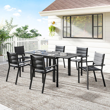 Patio Dining Set for 6, Aluminum Expandable Outdoor Table and 6 Stackable Chairs with Padded Back, Mesh Seat, Black