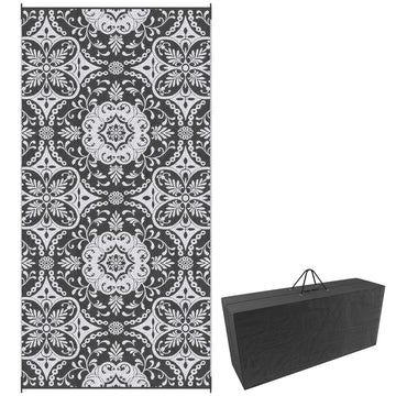 Portable Outdoor Rug with Carry Bag, 9' x 18' Reversible Mat, Waterproof Plastic Straw RV Rug for Backyard, Deck, Picnic, Beach, Camping, Gray & White Flower