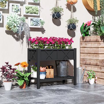 Wooden Raised Garden Bed, Elevated Planter Box with Storage Shelf, Drainage Holes and Liner, 34