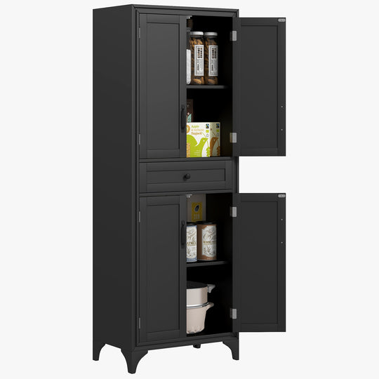 Armoire de rangement autonome, garde-manger de cuisine avec 2 tablettes, 4 portes pour salle à manger, noir