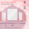 Qaba Kids Vanity Table and Stool, Makeup Vanity Girls Dressing Table Set with Tri-folding Mirrors Drawer Star and Heart Pattern, Pink