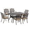 7 Pieces Patio Dining Set with Umbrella Hole, Cast Aluminum Outdoor Patio Furniture Set with 6 Cushioned Chairs and Rectangle Dining Table, for Garden, Lawn, Deck, Khaki