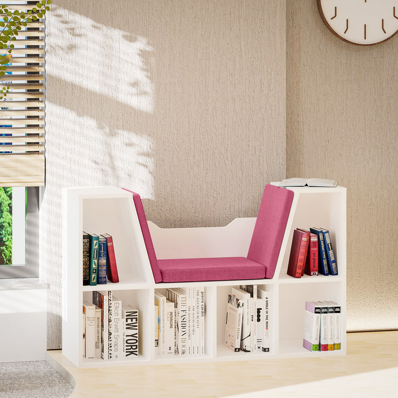 6-Cubby Bookcase with Seat Cushion, Cube Storage Shelf with Reading Nook for Home Office, Study, Pink
