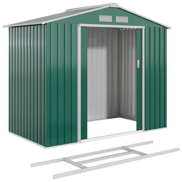 7' x 4' x 6' Garden Storage Shed Outdoor Patio Metal Tool Storage House w/ Foundation Kit and Double Doors, Green
