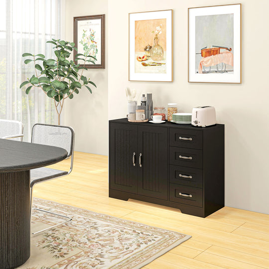Modern Sideboard Buffet Cabinet with Drawers and Beadboard Door Cupboard Kitchen Storage Cabinet, Black
