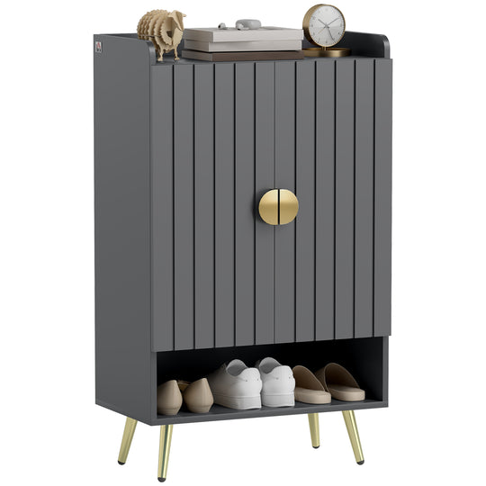 Entryway Shoe Storage Cabinet, Narrow Shoe Cabinet with Adjustable Shelves and Open Shelf for 15 Pairs of Shoes, Grey