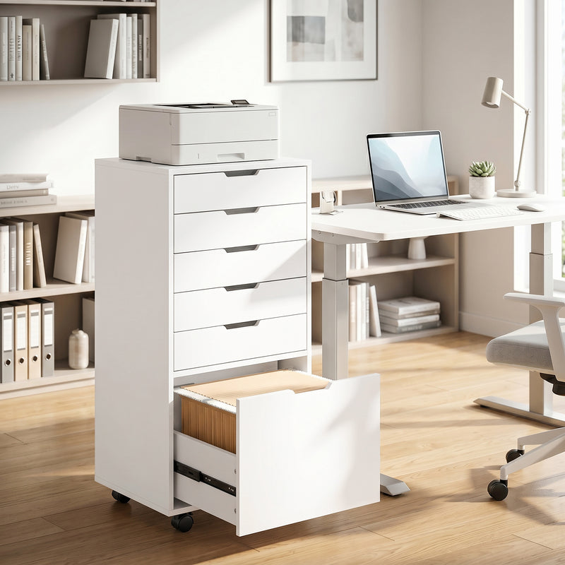 File Cabinet on Wheels Mobile Printer Stand with 5 Drawers for Home Office White