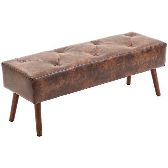 Bedroom Bench, End of Bed Bench with Button Tufted, PU Leather Upholstered Entryway Bench with Wood Legs, Brown