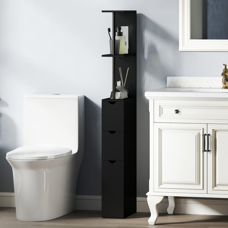 Tall Bathroom Storage Cabinet, Narrow Bathroom Cabinet with Drawers and Open Shelves for Small Spaces, Black