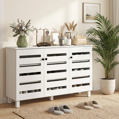 Shoe Cabinet with 3 Slatted Doors, 3-tier Shelving Rack Cabinet with Adjustable Shelves for 15 Pairs of Shoes, White