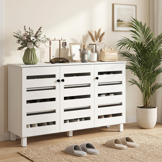 Shoe Cabinet with 3 Slatted Doors, 3-tier Shelving Rack Cabinet with Adjustable Shelves for 15 Pairs of Shoes, White