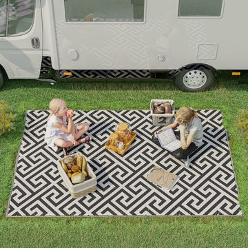 Reversible Outdoor RV Rug, Patio Floor Mat, 5' x 8' Plastic Straw Rug for Backyard, Deck, Beach, Camping, Black & White