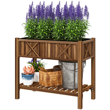 Wooden Raised Garden Bed, Elevated Planter Box with Storage Shelf, Drainage Holes and Liner, 34